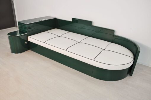 Art Deco, Daybed, Sofa, Bett, Jaguar Racing Green, Chromdetails, Kommode, Antik, Kunstleder Matratze, Creme Weiß, Hellbraun