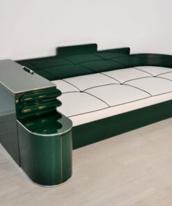 Art Deco, Daybed, Sofa, Bett, Jaguar Racing Green, Chromdetails, Kommode, Antik, Kunstleder Matratze, Creme Weiß, Hellbraun