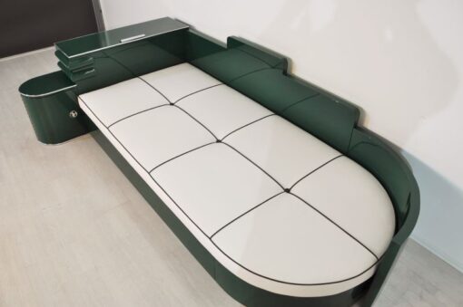 Art Deco, Daybed, Sofa, Bett, Jaguar Racing Green, Chromdetails, Kommode, Antik, Kunstleder Matratze, Creme Weiß, Hellbraun