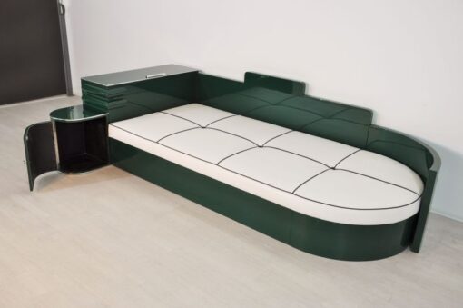 Art Deco, Daybed, Sofa, Bett, Jaguar Racing Green, Chromdetails, Kommode, Antik, Kunstleder Matratze, Creme Weiß, Hellbraun