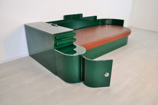 Art Deco, Daybed, Sofa, Bett, Jaguar Racing Green, Chromdetails, Kommode, Antik, Kunstleder Matratze, Creme Weiß, Hellbraun