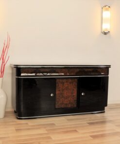 original, art deco, sideboard, buffet, wurzelholz, schubladen, details, verzierungen, front, klavierlack, wohnzimmer, antik, moebel