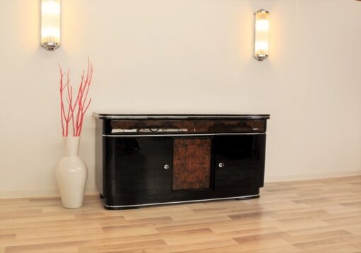 original, art deco, sideboard, buffet, wurzelholz, schubladen, details, verzierungen, front, klavierlack, wohnzimmer, antik, moebel