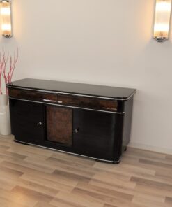 original, art deco, sideboard, buffet, wurzelholz, schubladen, details, verzierungen, front, klavierlack, wohnzimmer, antik, moebel