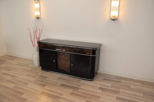 original, art deco, sideboard, buffet, wurzelholz, schubladen, details, verzierungen, front, klavierlack, wohnzimmer, antik, moebel