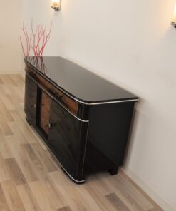 original, art deco, sideboard, buffet, wurzelholz, schubladen, details, verzierungen, front, klavierlack, wohnzimmer, antik, moebel