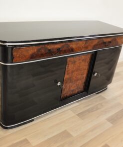 original, art deco, sideboard, buffet, wurzelholz, schubladen, details, verzierungen, front, klavierlack, wohnzimmer, antik, moebel