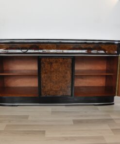 original, art deco, sideboard, buffet, wurzelholz, schubladen, details, verzierungen, front, klavierlack, wohnzimmer, antik, moebel