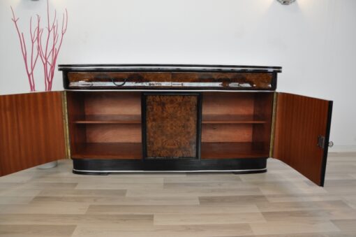 original, art deco, sideboard, buffet, wurzelholz, schubladen, details, verzierungen, front, klavierlack, wohnzimmer, antik, moebel