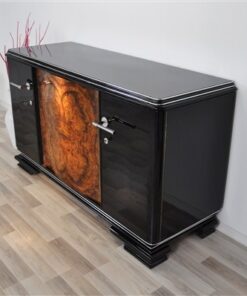 Art Deco, Moebel, Buffet, Sideboard, Wohnzimmer, Wurzelholz, Front, geschwungene Tueren, Klavierlack, poliert, einzigartig