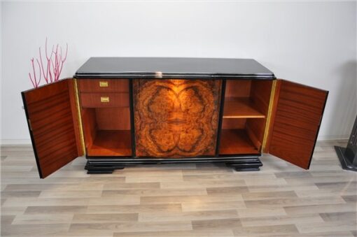 Art Deco, Moebel, Buffet, Sideboard, Wohnzimmer, Wurzelholz, Front, geschwungene Tueren, Klavierlack, poliert, einzigartig