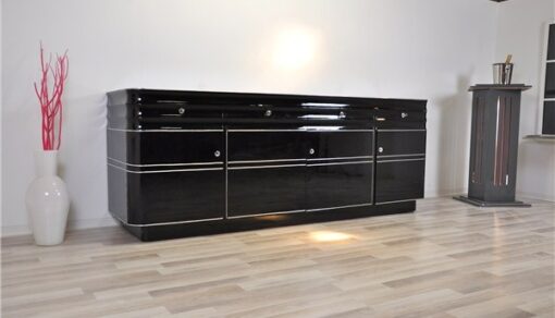 Art Deco, Sideboard, Buffet, XXL, Extragroß, Chromliner, Chromlinien, Hochglanz, Schwarz, Klavierlack, Design, Moebel, Stauraum, Wohnzimmer