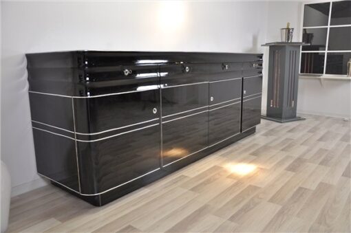 Art Deco, Sideboard, Buffet, XXL, Extragroß, Chromliner, Chromlinien, Hochglanz, Schwarz, Klavierlack, Design, Moebel, Stauraum, Wohnzimmer