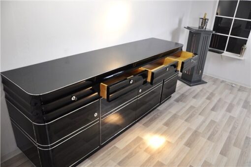 Art Deco, Sideboard, Buffet, XXL, Extragroß, Chromliner, Chromlinien, Hochglanz, Schwarz, Klavierlack, Design, Moebel, Stauraum, Wohnzimmer