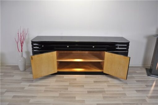 Art Deco, Sideboard, Buffet, XXL, Extragroß, Chromliner, Chromlinien, Hochglanz, Schwarz, Klavierlack, Design, Moebel, Stauraum, Wohnzimmer