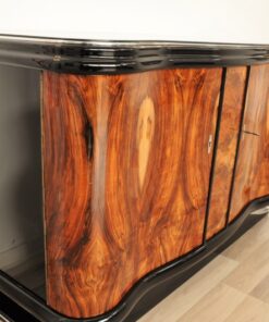 Art Deco, Vintage, Kommode, Wurzelholz, Furnier, Furnierbild, Wohnzimmer, Edel, Klavierlack, Chromleisten, Moebel, Sideboard, Original, Restauriert