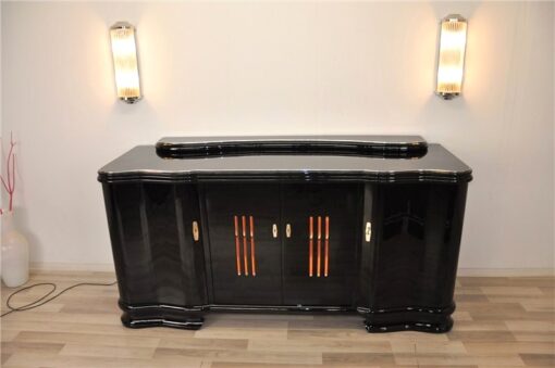 Art Deco, Sideboard, Buffet, beleuchtet, geschwungene Tueren, Glasstaebe, Moebel, hochgglanz Oberflaeche, einzigartig, Klavierlack, franzoesisch