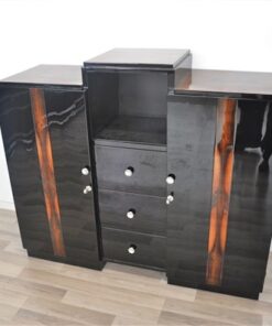 Art Deco, Kommode, Sideboard, Buffet, Walnuss, Details, Hochglanz, Schwarz, Chromgriffe, eckiges Design, Wohnzimmer, Stauraum