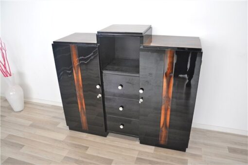 Art Deco, Kommode, Sideboard, Buffet, Walnuss, Details, Hochglanz, Schwarz, Chromgriffe, eckiges Design, Wohnzimmer, Stauraum