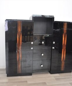 Art Deco, Kommode, Sideboard, Buffet, Walnuss, Details, Hochglanz, Schwarz, Chromgriffe, eckiges Design, Wohnzimmer, Stauraum