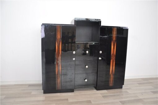 Art Deco, Kommode, Sideboard, Buffet, Walnuss, Details, Hochglanz, Schwarz, Chromgriffe, eckiges Design, Wohnzimmer, Stauraum