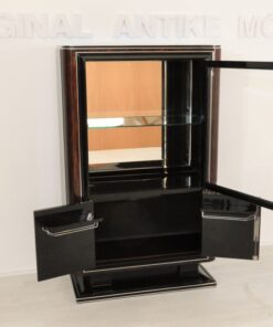 Art Deco, Vitrine, Frankreich, Paris, 1935, hochglanzschwarz, nussbaum, dunkel, verchromt, elegant, wohnzimmer, austellung, design, Beleuchtung