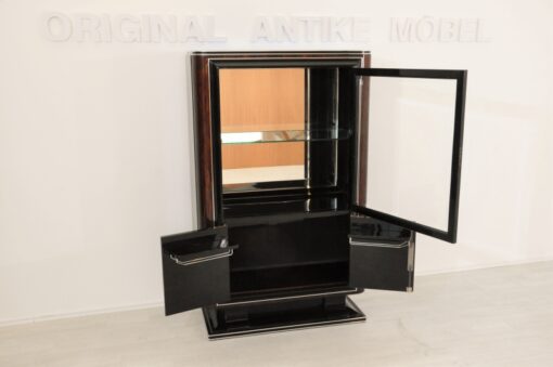 Art Deco, Vitrine, Frankreich, Paris, 1935, hochglanzschwarz, nussbaum, dunkel, verchromt, elegant, wohnzimmer, austellung, design, Beleuchtung