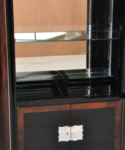 Art Deco, Vitrine, Frankreich, Paris, 1935, hochglanzschwarz, nussbaum, dunkel, verchromt, elegant, wohnzimmer, austellung, design, Beleuchtung