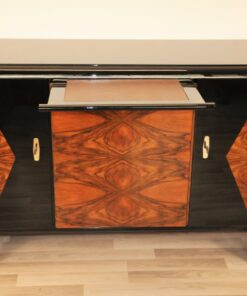 Art Deco Moebel, Sideboard, Buffet, Karo Furnier, hochglanz Schwarz, Nussbaumholz, Chromlinien, Original, Restauriert, Wohnzimmer