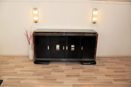 Art Deco Sideboard, Buffet, Frankreich, franzoesisch, klavierlack, mahagoni, details, wohnzimmer, 1920er, chromgriffe, fueße
