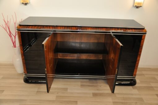 Art Deco Sideboard, Buffet, Frankreich, franzoesisch, klavierlack, mahagoni, details, wohnzimmer, 1920er, chromgriffe, fueße