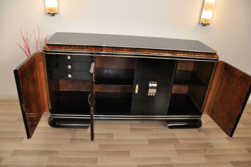 Art Deco Sideboard, Buffet, Frankreich, franzoesisch, klavierlack, mahagoni, details, wohnzimmer, 1920er, chromgriffe, fueße