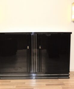 1930er, Art Deco, Moebel, Highboard, Schrank, Sideboard, Buffet, Schwarz, hochglanz, Klavierlack, Original, restuariert, Chromlinen