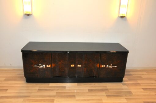 Art Deco, Lowboard, Sideboard, Buffet, geschwungene Tueren, Wurzelholz, dunkel, chromgriffe, Wohnzimmer, Schubladen, Furnier, Moebel