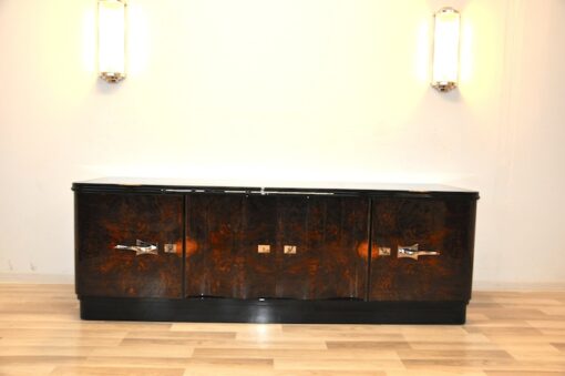 Art Deco, Lowboard, Sideboard, Buffet, geschwungene Tueren, Wurzelholz, dunkel, chromgriffe, Wohnzimmer, Schubladen, Furnier, Moebel