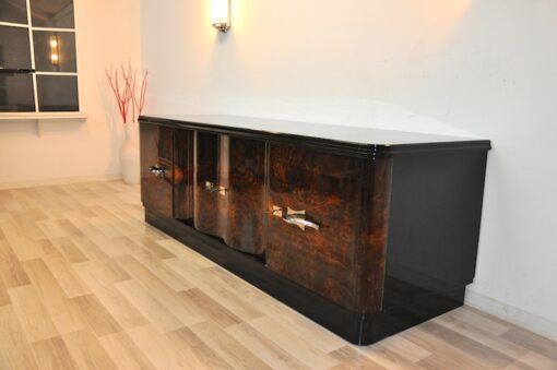 Art Deco, Lowboard, Sideboard, Buffet, geschwungene Tueren, Wurzelholz, dunkel, chromgriffe, Wohnzimmer, Schubladen, Furnier, Moebel