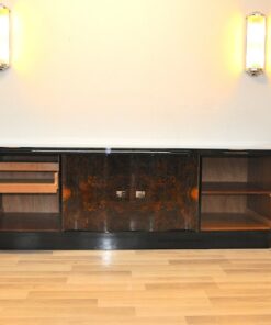 Art Deco, Lowboard, Sideboard, Buffet, geschwungene Tueren, Wurzelholz, dunkel, chromgriffe, Wohnzimmer, Schubladen, Furnier, Moebel