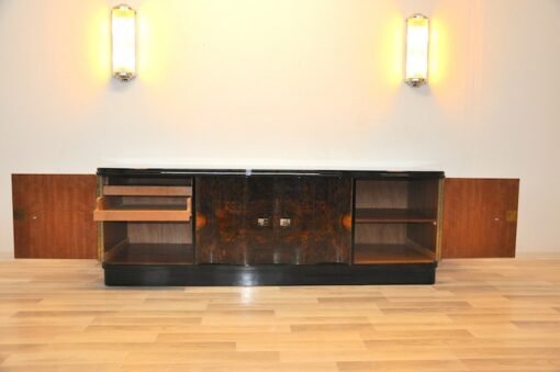 Art Deco, Lowboard, Sideboard, Buffet, geschwungene Tueren, Wurzelholz, dunkel, chromgriffe, Wohnzimmer, Schubladen, Furnier, Moebel