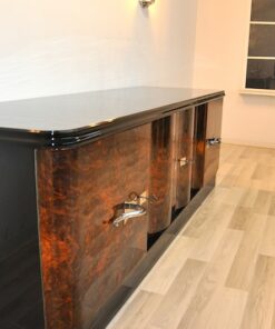 Art Deco, Lowboard, Sideboard, Buffet, geschwungene Tueren, Wurzelholz, dunkel, chromgriffe, Wohnzimmer, Schubladen, Furnier, Moebel