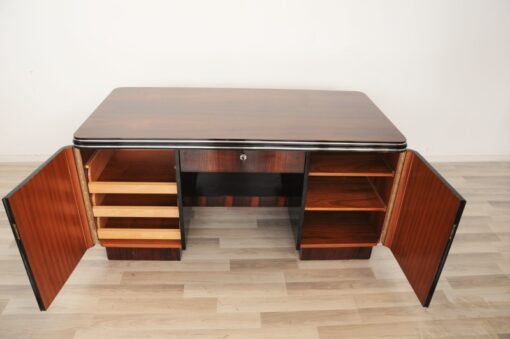 Art Deco, Palisander, Schreibtisch, Chromleisten, Buero, Wohnzimmer, Hochglanz, handpoliert, Oberflaeche, Design, Schubladen