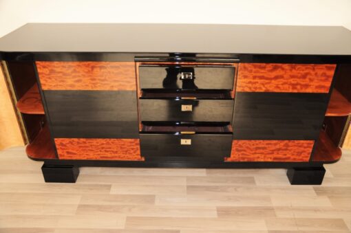 Art Deco, Moebel, Buffet, Sideboard, Klavierlack, Hochglanz, poliert, stauraum, zweifarbig, wurzelholz, restauriert, original