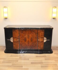 Art Deco, Design, Sideboard, geschwungen, serpentinen tueren, Aera, Buffet, Credenza, Klavierlack, Walnussholz, Wohnzimmer, Moebel