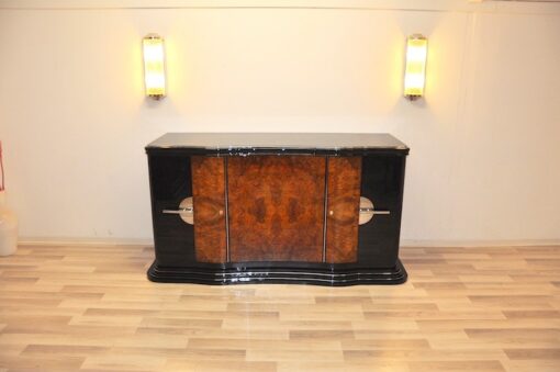 Art Deco, Design, Sideboard, geschwungen, serpentinen tueren, Aera, Buffet, Credenza, Klavierlack, Walnussholz, Wohnzimmer, Moebel