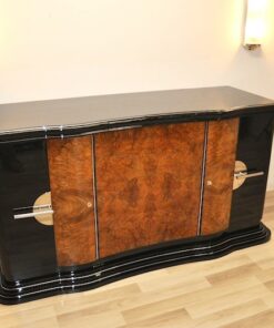 Art Deco, Design, Sideboard, geschwungen, serpentinen tueren, Aera, Buffet, Credenza, Klavierlack, Walnussholz, Wohnzimmer, Moebel