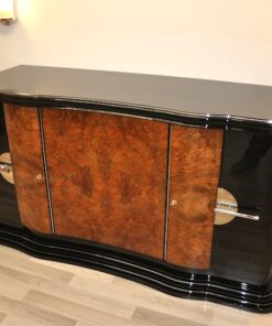 Art Deco, Design, Sideboard, geschwungen, serpentinen tueren, Aera, Buffet, Credenza, Klavierlack, Walnussholz, Wohnzimmer, Moebel