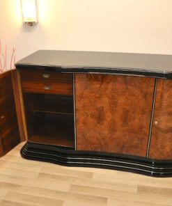 Art Deco, Design, Sideboard, geschwungen, serpentinen tueren, Aera, Buffet, Credenza, Klavierlack, Walnussholz, Wohnzimmer, Moebel