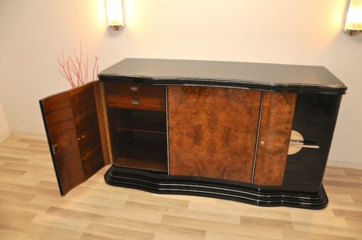 Art Deco, Design, Sideboard, geschwungen, serpentinen tueren, Aera, Buffet, Credenza, Klavierlack, Walnussholz, Wohnzimmer, Moebel