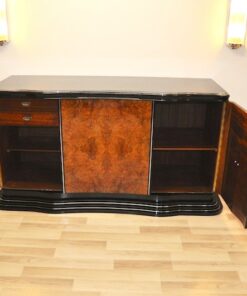 Art Deco, Design, Sideboard, geschwungen, serpentinen tueren, Aera, Buffet, Credenza, Klavierlack, Walnussholz, Wohnzimmer, Moebel