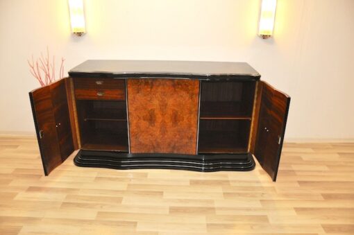 Art Deco, Design, Sideboard, geschwungen, serpentinen tueren, Aera, Buffet, Credenza, Klavierlack, Walnussholz, Wohnzimmer, Moebel