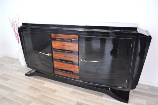 Art Deco, Sideboard, Buffet, Moebel, Antik, Hochglanzschwarz, Design, luxuriös, elegant, schwebender Fuß, holz, Apllikationen,